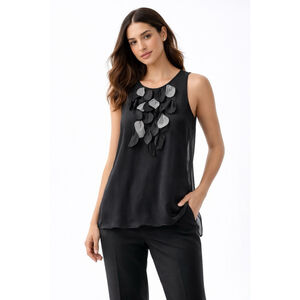 7 For All Mankind Black 100% Silk Sleeveless Blouse Floral Detail Women S